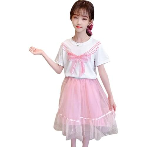 Teenage Children Clothes Big Bow Tshirt + Skirt Girls Outfits Sequin Costumes For Girls Summer Kids Clothing