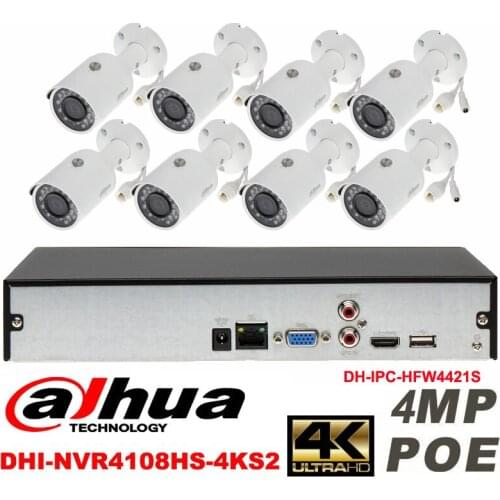 Dahua original 8CH 4MP H2.64 DH-IPC-HFW4421S 8pcs bullet Waterproof camera POE DAHUA DHI-NVR4108HS-4KS2 IP security camera kit