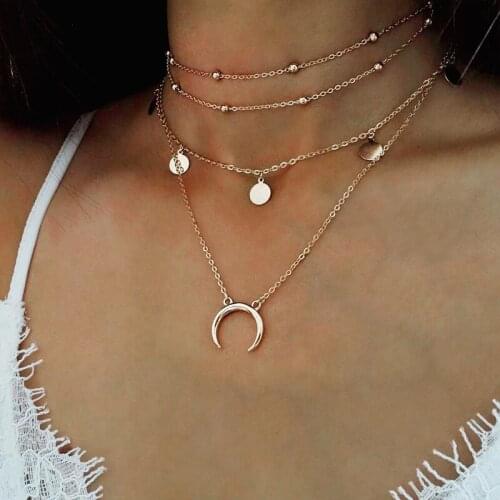 Necklace Choker disc Moon Pendant multi-layer bead clavicle Necklace Jewelry