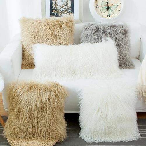 Natural curly Mongolian sheep skin fur pillow without core,square shaped single side decoration sofa fur cushion only
