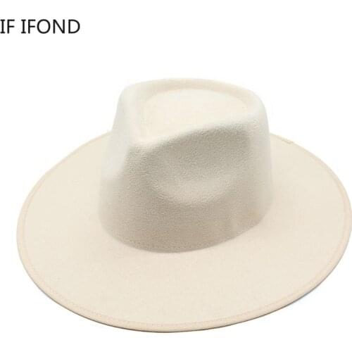 Solid Color Fedoras Women Hat New Design Edging Men Wide Brim Top Felt Jazz hat Retro Wool Church Wedding Hat