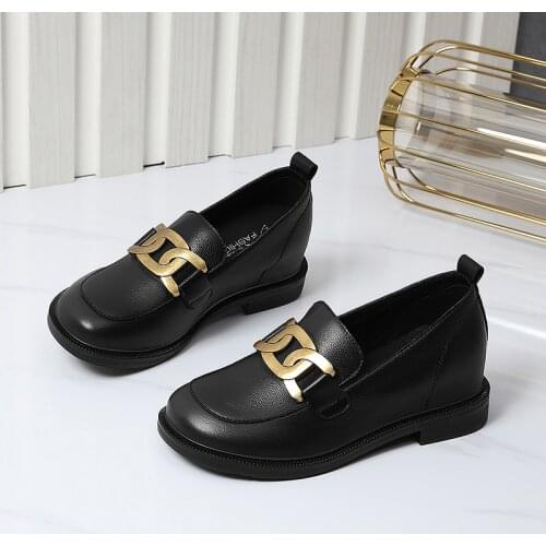Women leather shoes new fashion black punk platform loafers casual round toe metal buckle thick bottom non-slip pumps