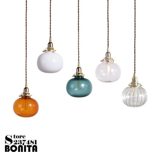 Brass glass hanging lamps vintage Ins wind Glass ball copper pendant lamp Striped transparent glass droplight loft
