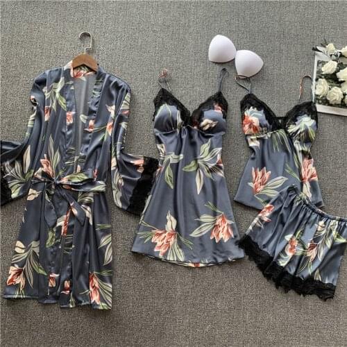 Women high quality satin silk silk sleepwear 4 piece padded bra pajamas set Sleepwear Home Wear Breathable nightwear set