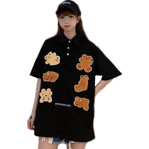 Summer Women Harajuku Vintage Embroidery Bear Long T Shirts Kawaii Clothes Teens Turn Down Collar Tshirts Oversized Streetwear