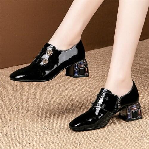 2021 New Quality Genuine Leather Women Pumps Crystal High Heels Side Zipper Women Autumn Shoes Fashion Party Prom Shoes Woman