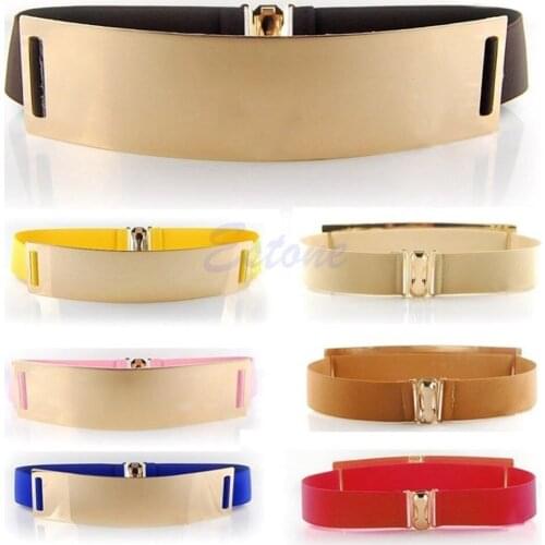 Sexy Bling Gold Metal Metallic Mirror Plate Wide Waist Stretch Elastic Belt Band F05