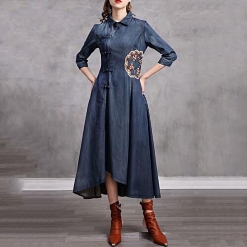 SeeBeautiful Vintage Cheongsam Style Embroidered Lapel Irregular Loose Denim Dress Woman Spring 2021 New Fashion T384