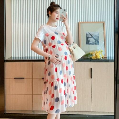 88395# Maternity Dress Summer Cotton Short Sleeves One Piece Layer Look Midi Dress Plus Size Pregnancy Pregnant Women Mom Dress