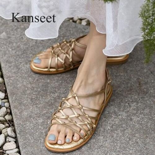 Kanseet High Heels Womens Shoes 2021 Summer Gold Leather Narrow Band Round Toe Women Sandals Party Thick Heels Female Sandals