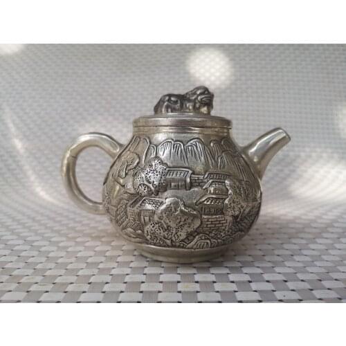 Collection Old Tibetan silver landscape teapot,High Quality Home Art Decoration Crafts Animals pot