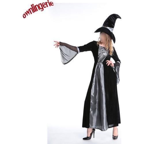 All Black Gothic Witch Costume Long Sleeve Cosplay Dress With Hat for Halloween women w1925