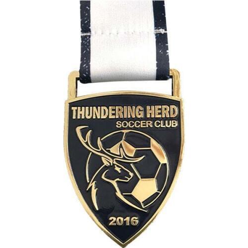 Zinc Alloy Plated Gold Custom Football Sports Award Medal with Sublimation Ribbon Lanyard