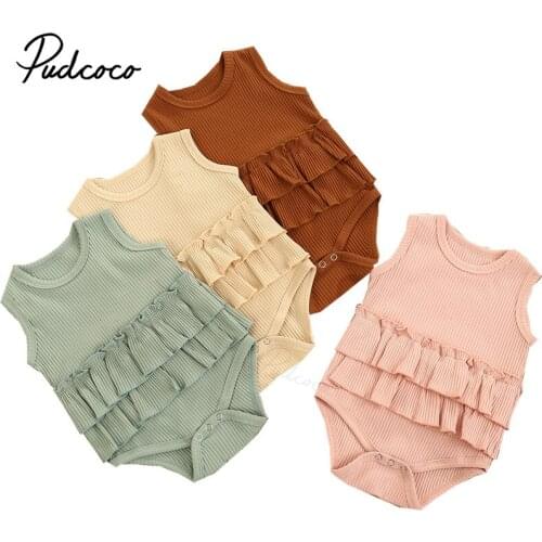 2021 Baby Summer Ribbed Clothing Baby Solid One-piece Knitted Romper Sleeveless Ruffled Hem Decorations Triangle Jumpsuits