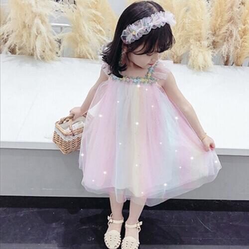 DFXD Flower Girls Wedding Party Dress For Summer New Arrival Lace Yarn Rainbow Dress Toddler A-line Dress 2-7T Girls Clothes