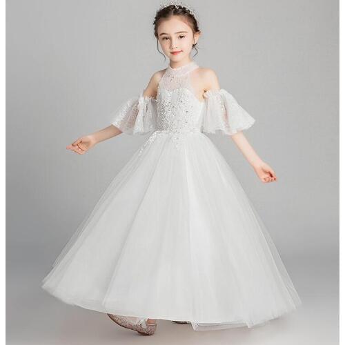 Long Beads Tulle Flower Girl Dress Half Sleeve Girl Wedding Party Beauty Pageant Dress Ball Gown Kids Princess Communion Dresses