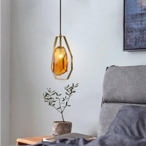 Europe Crystal Amber Glass Pendant Light Lighting for Bedside Bedroom Living Room Kitchen Study Indoor Decoration Hanging Lamps