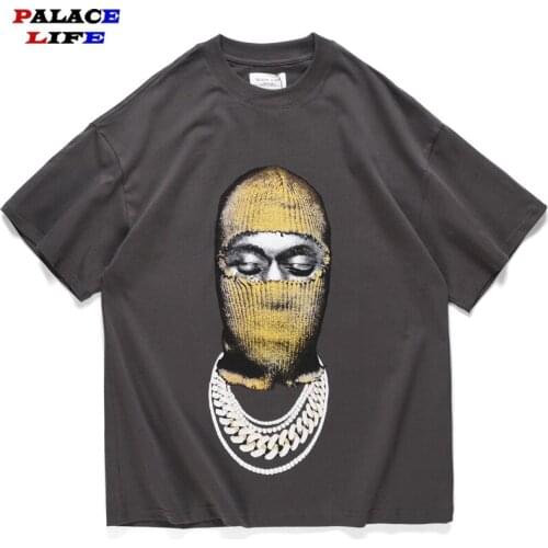 2021 Men Hip Hop Oversize T Shirt Streetwear Chain Masked Man Print T-Shirt Couples Harajuku Cotton Loose Short Sleeve Black