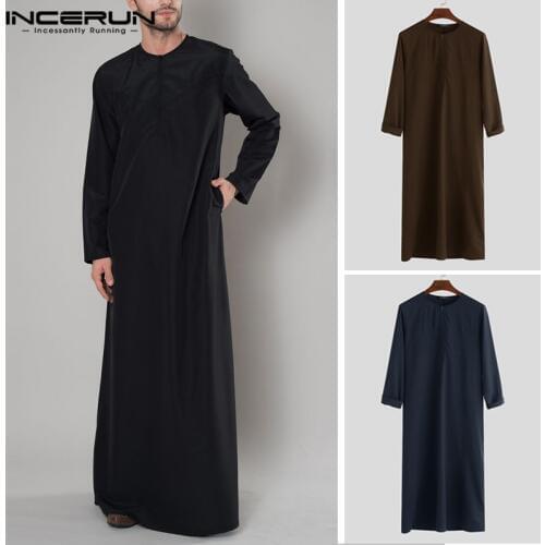 INCERUN Islamic Arabic Muslim Kaftan Men Long Sleeve Zipper Loose Abaya Robes Saudi Arabia Dubai Jubba Thobe Men Clothes 2021