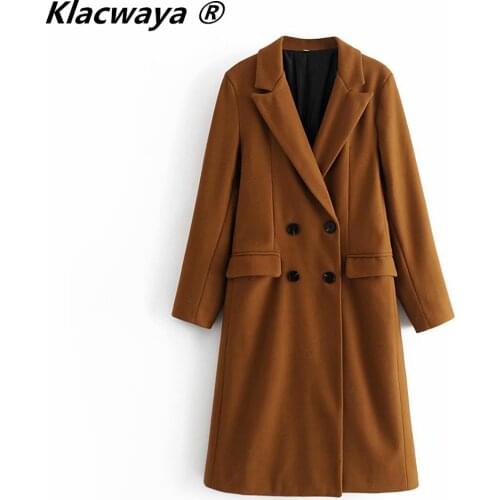 Klacwaya 2021 Women Fashion Dark Brown Woolen Coat Vintage Double Breasted Long Sleeve Female Autumn Temperament Long Coat