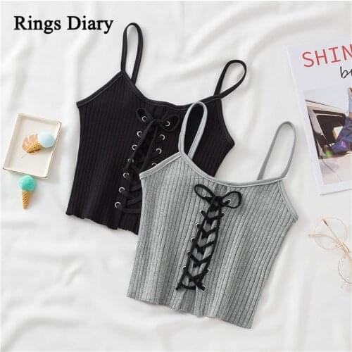 Rings Diary Bandage Camis Women Casual Camis Tops Knitted Solid Color Lace Up Front Spaghetti Strap Crop Top Summer Fashion Top