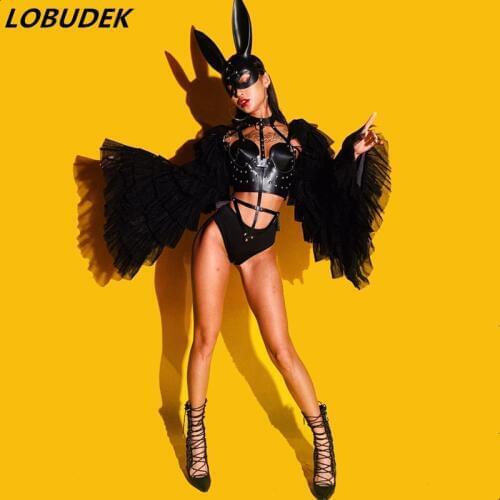 DJ Singer Dancer Sexy Costume Black Rivet Bodysuit Shawl Dance Outfit Nightclub Bar Concert Performance Stage Wear Dance Costume