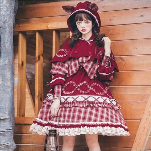 A Wolf Little Red Hat Original Design Womens Lolita Dress Princess One Piece & Wolf Ear Hooded Cape Red For Christmas Gift