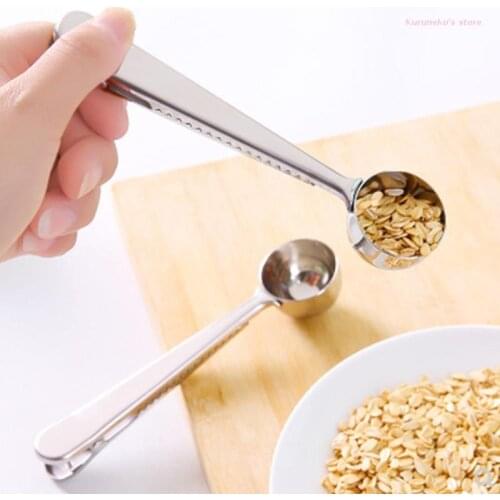 Coffee Measuring Spoon with Long Handle Scope Clip Milk Powder Liquid Seasoning Stainless Steel Tablespoon Sealing Clip HX6D