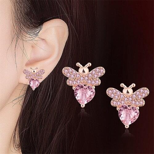 Cute Bee Shape Pink Zircon Studs Earring For Women Delicate Trendy Small Ear Studs Wedding Daily Holiday Wear Stylish Jewelry