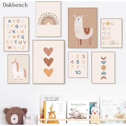 Nursery Wall Art Print Alpaca Canvas Poster Unicorn Art Painting Alphabet Numbers Prints Boho Wall Pictures Baby Kids Room Decor