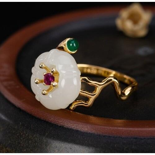 Natural 925 sterling silver gilded inlaid hetian jasper plum blossom jade lotus for women rings resizable sterling silver rings