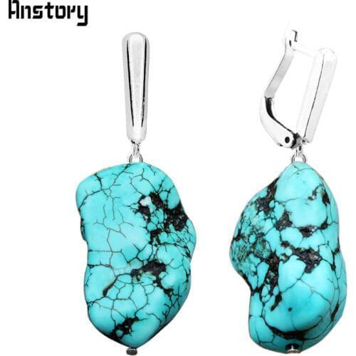 Irregular Natural Turquoises Pendant Earrings For Women Vintage Antique Silver Plated Fashion Jewelry TE202