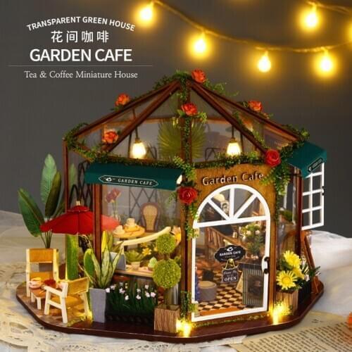 New Flower Coffee Shop Wooden Dollhouse Miniature Furniture With LED Kits Doll Houses DIY Assemble Toys Children Christmas Gift