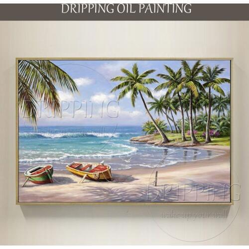 Superb Artist Hand-painted High Quality Landscape Tropical Bay Oil Painting on Canvas Modern Seaside Palm Tree Oil Painting