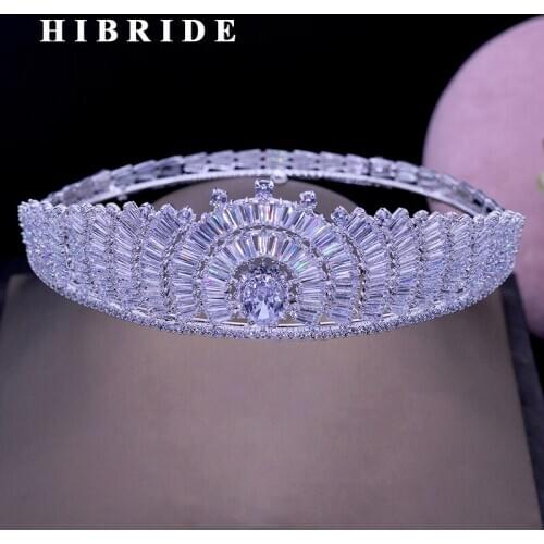 HIBRIDE Luxury Large Wedding Pageant Headband Tiaras And Crown AAA Cubic Zircon Women Hair Accessories For Bridal Gifts C-49