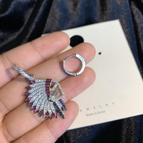 S925 Silver Ear Post Buckle Hoop Earrings Gorgeous Asymmetric Colorful CZ Feather Earrings For Women INS Jewelry