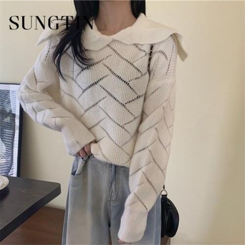 Sungtin 5 Color Turn Down Collar Solid Argyle Knitted Pullover Sweater Women Autumn Vintage Hollow Out Casual White Sweater Chic