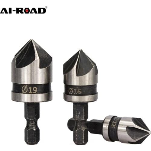 3pcs/Set 90 Degree 1/4 Hex Shank Drill Bit 5 Flute 12mm 16mm 19mm Woodworking Chamfer Counter Sink Chamfering Debur Countersink