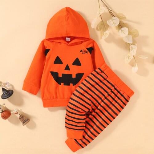 TELOTUNY Infant Baby Boys Girls Hoodie Suit Halloween Long-sleeved Pumpkin Hooded Sweatshirt Top + stripe Pants Set Kids Clothes