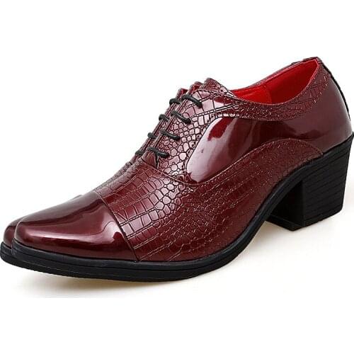 Black Oxford Shoes for Men Thick 6cm High Heels Patent Leather Casual Dress Lace Up Pattern Heighten Classic Wedding Party