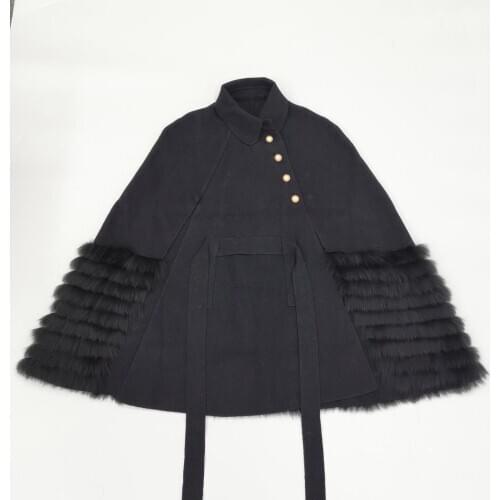 Women Cashmere Woolen Cloak Fox Fur Fringe Long Wool Cape Coat Elegant Women Shawl Thick Warm Oversize Winter Jacket