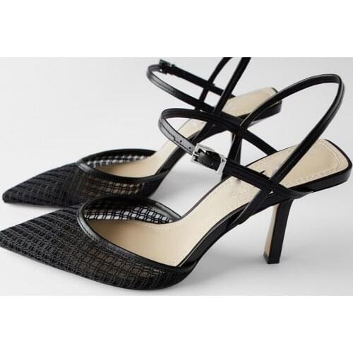 Stiletto Sandals for Women 2021 New Sexy Pointed Toe Shallow Buckle Strap Party High heels Pumps Wear-resistant Mesh Slingback