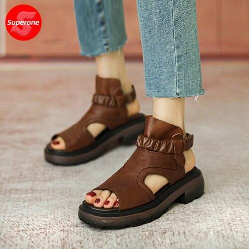 2021 summer New Retro High Top sandals womens thick soled simple cow leather Roman shoes muffin soled cow leather cool boots