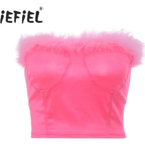 Women Fashion Faux Fur Trim Strapless Vest Sleeveless Zipper Tube Tops Sexy Leotard Camisole Sissy Clubwear for Club Stage Show