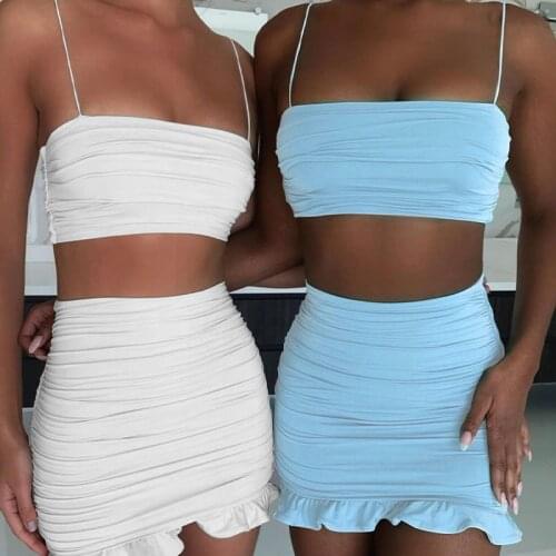 Sexy Two Piece Set Women Dress Sets 2021 Summer Ruffle Strapless Off Shoulder 2 Piece Set Sleeveless Club Party Camis Skirt Set