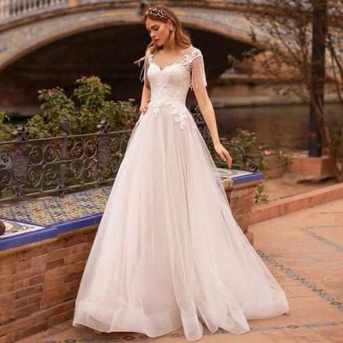 Castle Elegant Women Wedding Dress 2021 Lace Bride Dresses A Line Vintage Wedding Gowns Cap Sleeve Beads Vestido de Noiva Boda