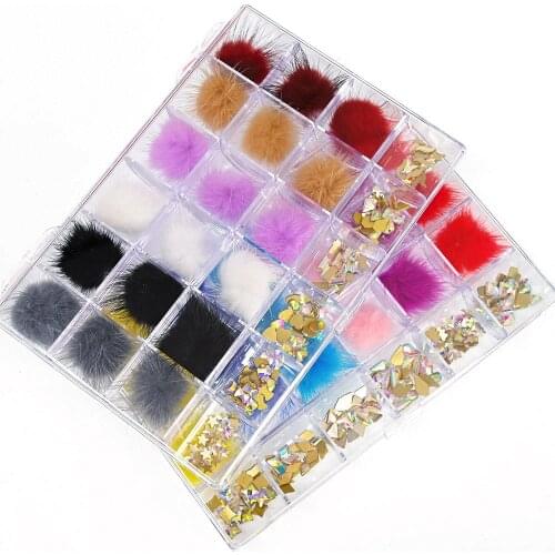 1Box Nail Pompoms(18pcs) Colorful Fluffy Fur Ball 27*27mm 150pcs 6 Shapes AB Crystal Rhinestones Set Nail Art Decorations PR#74