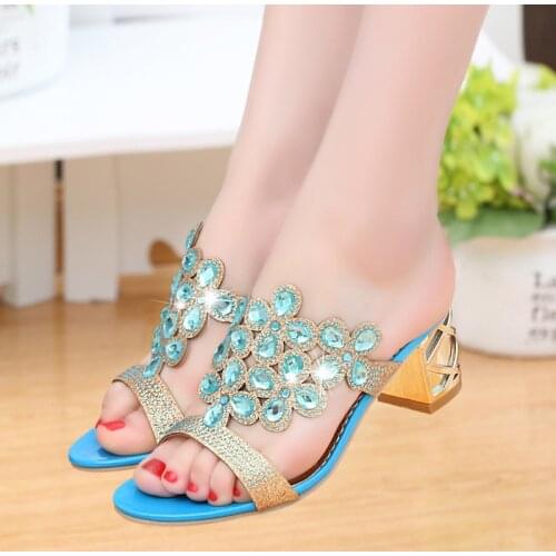 Women 2018 Ladies Slides Women Slippers Sandals Summer Crystal Shoes Peep Toe Middle Heels Zapatos Mujer