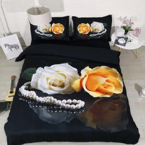 3pcs home textiles luxury black bedding with white and yellow rose HD Digital print quilt covers sets with 1 duvet cover 2 shams