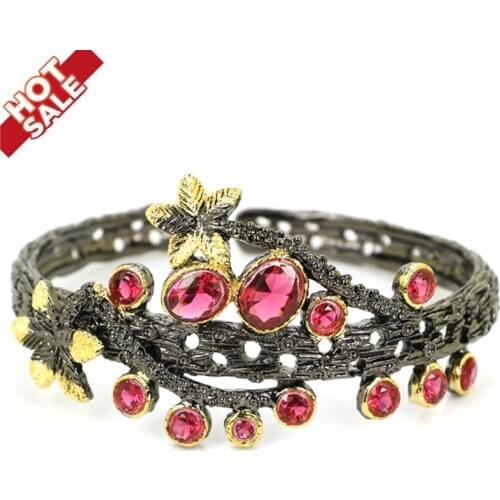 68x37mm Vintage Big Heavy 45g Created Green Tsavorite Garnet Garnet Violet Tanzanite Black Gold Silver Cuff Bangle Bracelet 7.5"